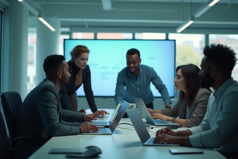 Diverse team collaborating on a digital project